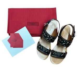 Valentino Garavani Black Suede Studded Flat Sandals Size 37.5 Authentic